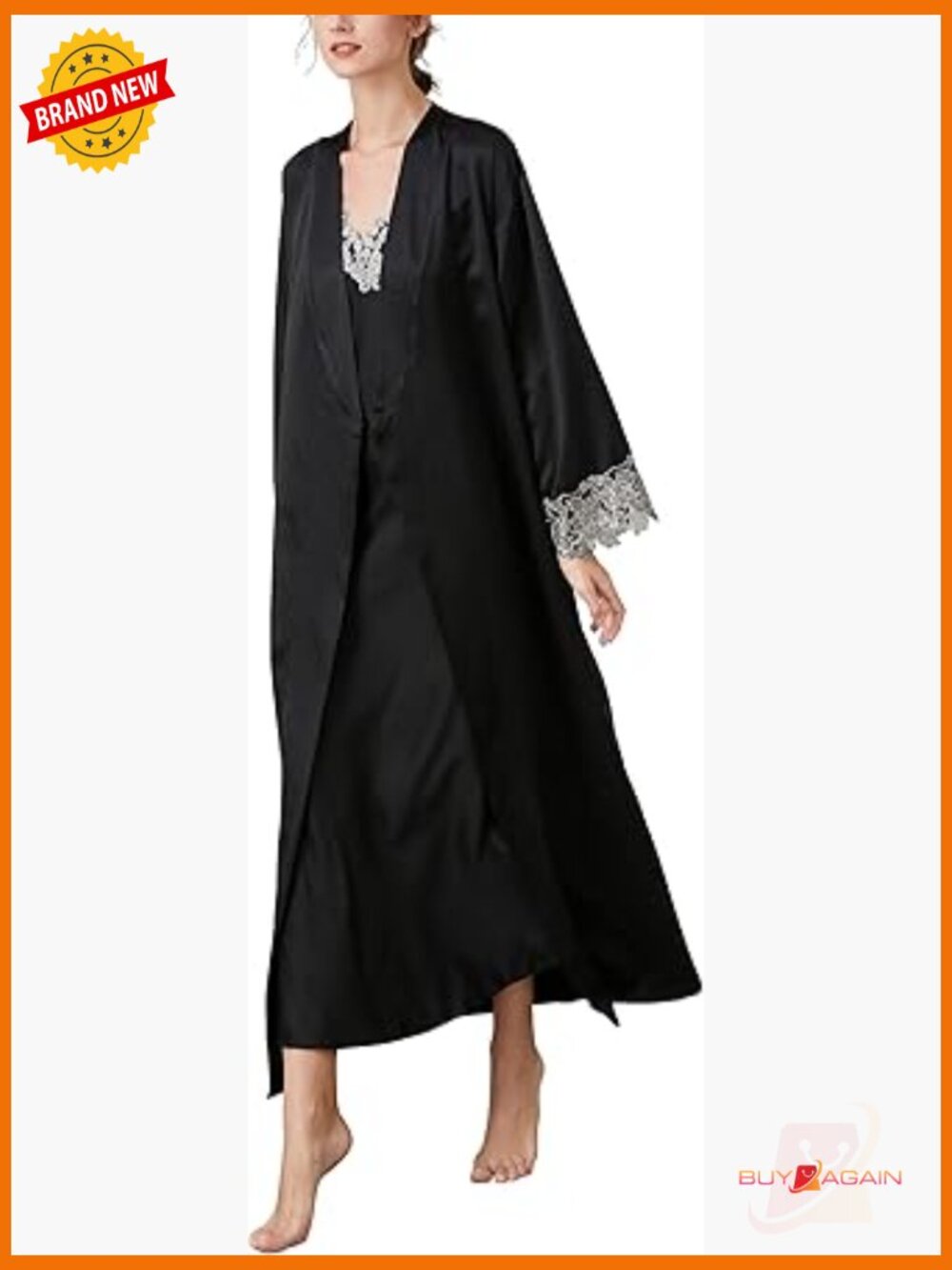 Women's 2 Piece Satin Nightgown and Robe Set Lace Sleepwear